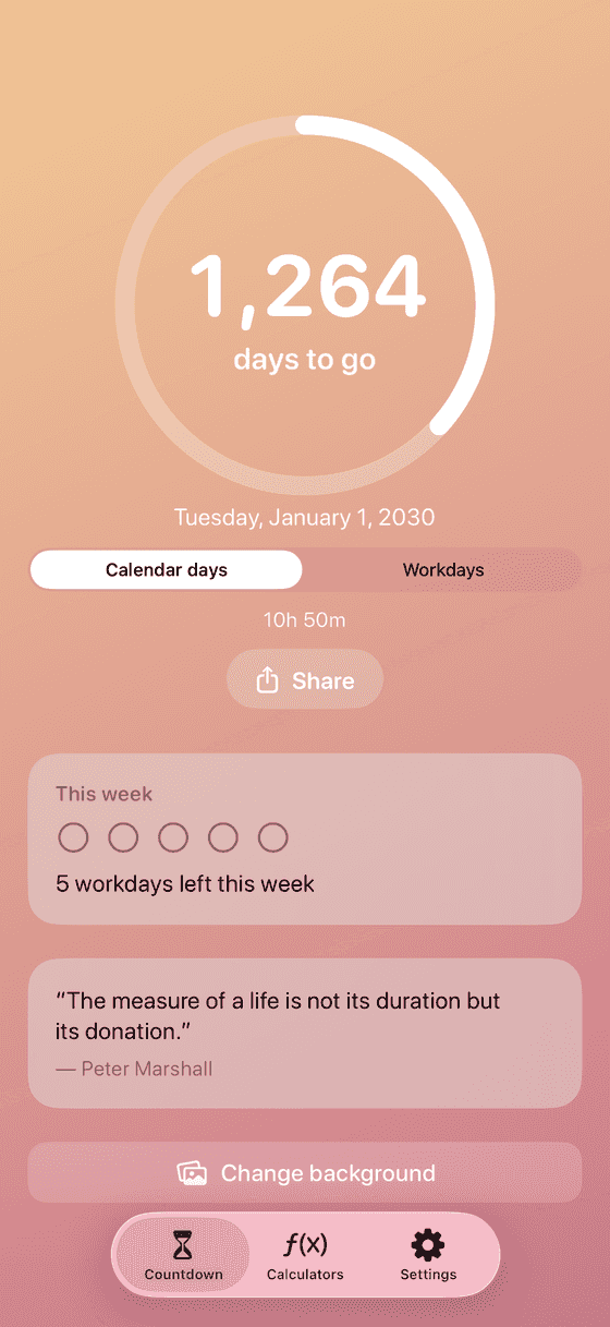 Pensora home screen showing 1,264 days until retirement