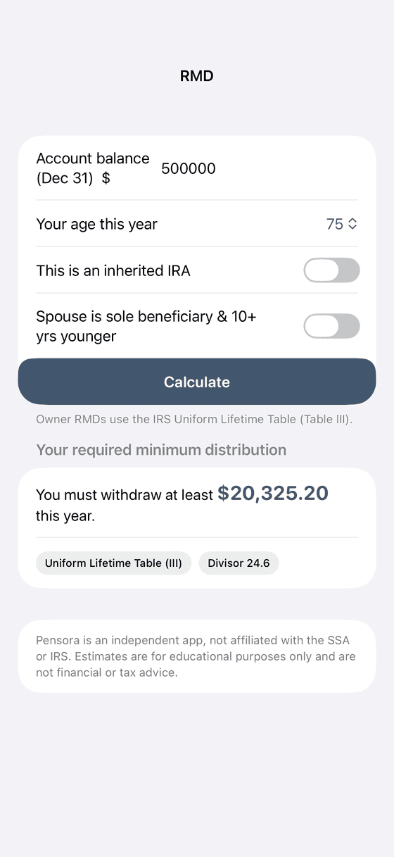 Pensora RMD calculator showing the required withdrawal and IRS divisor